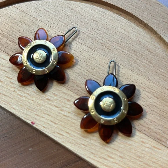 Vtg Auth Escada Gold and Brown Floral hair clips pair - Picture 4 of 10